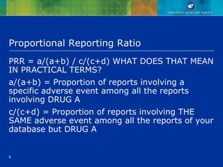 6
Proportional Reporting Ratio
PRR = a/(a+b) / c/(c+d) WHAT DOES THAT MEAN
IN PRACTICAL TERMS?
a/(a+b) = Proportion of reports involving a
specific adverse event among all the reports
involving DRUG A
c/(c+d) = Proportion of reports involving THE
SAME adverse event among all the reports of your
database but DRUG A
 