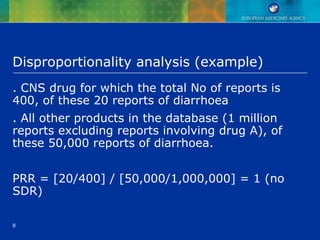 8
Disproportionality analysis (example)
. CNS drug for which the total No of reports is
400, of these 20 reports of diarrhoea
. All other products in the database (1 million
reports excluding reports involving drug A), of
these 50,000 reports of diarrhoea.
PRR = [20/400] / [50,000/1,000,000] = 1 (no
SDR)
 