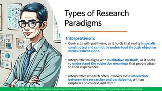 Types of Research
Paradigms
Interpretivism:
• Contrasts with positivism, as it holds that reality is socially
constructed and cannot be understood through objective
measurement alone.
• Interpretivism aligns with qualitative methods, as it seeks
to understand the subjective meanings that people attach
to their experiences.
• Interpretive research often involves close interaction
between the researcher and participants, with an
emphasis on context and depth.
24
Crotty, M. (1998). The Foundations of Social Research: Meaning and Perspective in the Research Process/ https://gencraft.com/generate
 
