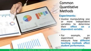 Common
Quantitative
Methods
Experiments:
• Involve manipulating one
or more independent
variables to determine
their effect on a
dependent variable.
• For example, an
experiment might
measure how different
teaching methods affect
student performance.
40
Bryman, A. (2016). Social Research Methods (5th ed.). Oxford University Press / https://www.smartsurvey.co.uk/articles/survey-vs-questionnaire
 