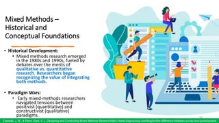 Mixed Methods –
Historical and
Conceptual Foundations
• Historical Development:
• Mixed methods research emerged
in the 1980s and 1990s, fueled by
debates over the merits of
qualitative vs. quantitative
research. Researchers began
recognizing the value of integrating
both methods.
• Paradigm Wars:
• Early mixed-methods researchers
navigated tensions between
positivist (quantitative) and
constructivist (qualitative)
paradigms. 59
Creswell, J. W., & Plano Clark, V. L. Designing and Conducting Mixed Methods Researchhttps://www.dragnsurvey.com/blog/en/the-difference-between-survey-and-questionnaire
59
 