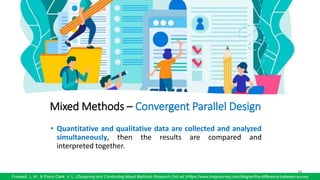 Mixed Methods – Convergent Parallel Design
• Quantitative and qualitative data are collected and analyzed
simultaneously, then the results are compared and
interpreted together.
65
Creswell, J. W., & Plano Clark, V. L. (Designing and Conducting Mixed Methods Research (3rd ed.)/https://www.dragnsurvey.com/blog/en/the-difference-between-survey
 