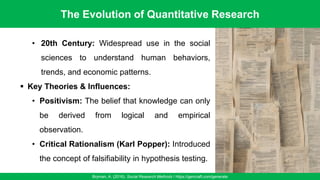 The Evolution of Quantitative Research
Bryman, A. (2016). Social Research Methods / https://gencraft.com/generate
36
• 20th Century: Widespread use in the social
sciences to understand human behaviors,
trends, and economic patterns.
▪ Key Theories & Influences:
• Positivism: The belief that knowledge can only
be derived from logical and empirical
observation.
• Critical Rationalism (Karl Popper): Introduced
the concept of falsifiability in hypothesis testing.
 