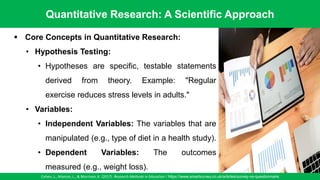 Quantitative Research: A Scientific Approach
Cohen, L., Manion, L., & Morrison, K. (2017). Research Methods in Education / https://www.smartsurvey.co.uk/articles/survey-vs-questionnaire
43
▪ Core Concepts in Quantitative Research:
• Hypothesis Testing:
• Hypotheses are specific, testable statements
derived from theory. Example: "Regular
exercise reduces stress levels in adults."
• Variables:
• Independent Variables: The variables that are
manipulated (e.g., type of diet in a health study).
• Dependent Variables: The outcomes
measured (e.g., weight loss).
 