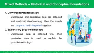 Mixed Methods – Historical and Conceptual Foundations
Creswell, J. W., & Plano Clark, V. L. (Designing and Conducting Mixed Methods Research (3rd ed.)/https://www.dragnsurvey.com/blog/en/the-difference-between-survey
74
1. Convergent Parallel Design:
• Quantitative and qualitative data are collected
and analyzed simultaneously, then the results
are compared and interpreted together.
2. Explanatory Sequential Design:
• Quantitative data is collected first. Then
qualitative data is used to explain the
quantitative findings.
 