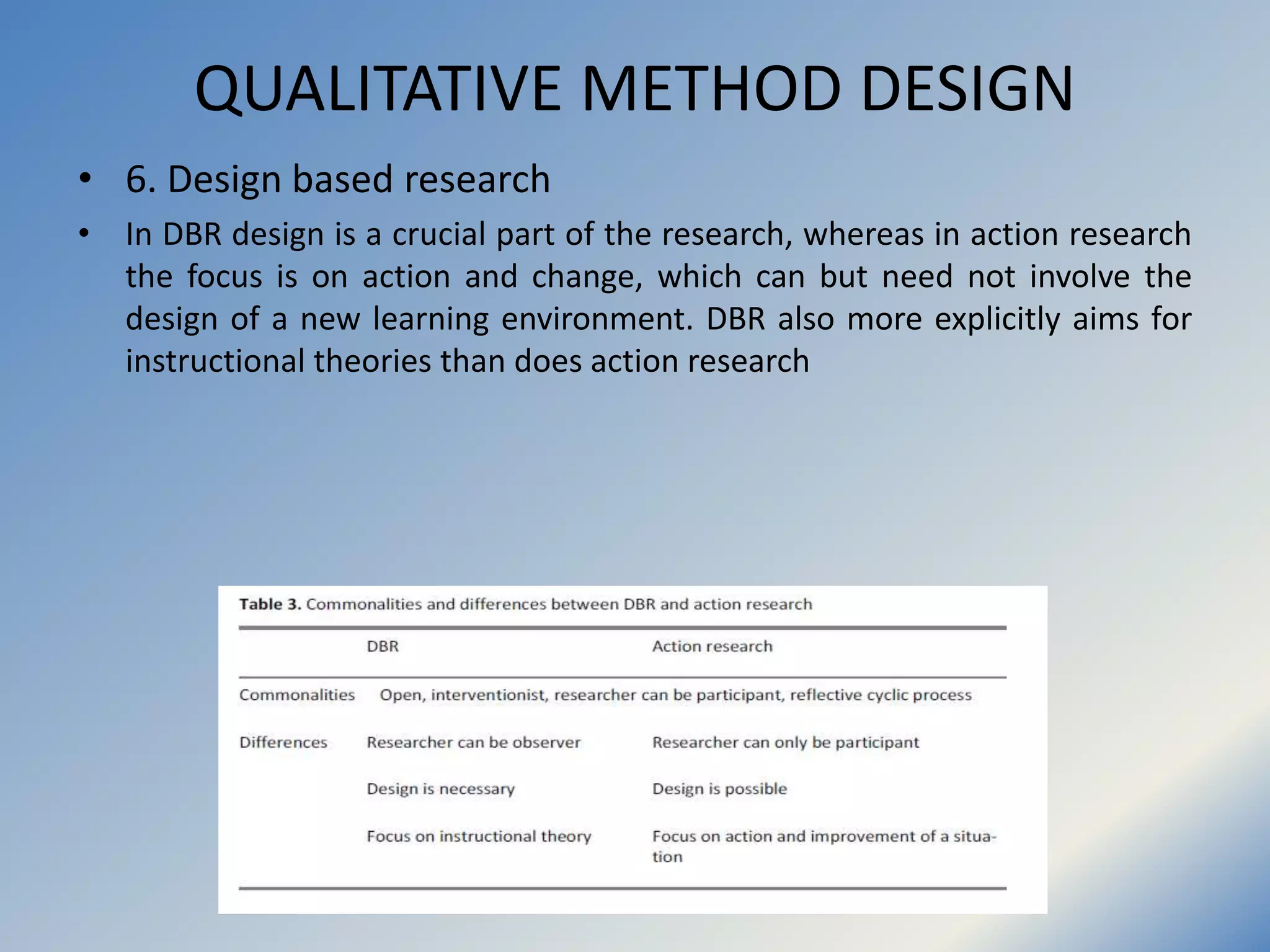 QUALITATIVE METHOD DESIGN
• 6. Design based research
• In DBR design is a crucial part of the research, whereas in action research
the focus is on action and change, which can but need not involve the
design of a new learning environment. DBR also more explicitly aims for
instructional theories than does action research
 
