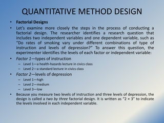 QUANTITATIVE METHOD DESIGN
• Factorial Designs
• Let’s examine more closely the steps in the process of conducting a
facto...