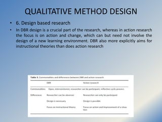 QUALITATIVE METHOD DESIGN
• 6. Design based research
• In DBR design is a crucial part of the research, whereas in action ...