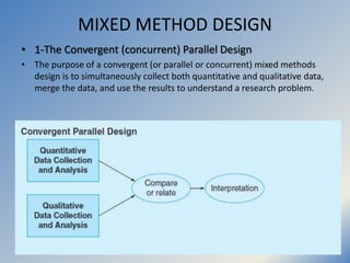 MIXED METHOD DESIGN
• 3-The Exploratory Sequential Design
• The mixed methods researcher begins with qualitative data and ...