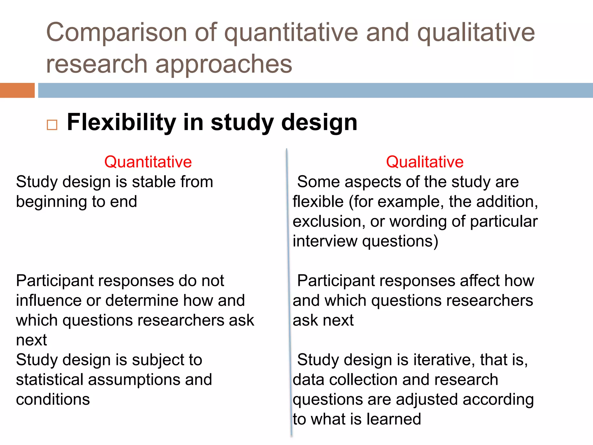 Comparison of quantitative and qualitative
    research approaches

       Flexibility in study design
            Quantitative                         Qualitative
Study design is stable from        Some aspects of the study are
beginning to end                  flexible (for example, the addition,
                                  exclusion, or wording of particular
                                  interview questions)

Participant responses do not      Participant responses affect how
influence or determine how and    and which questions researchers
which questions researchers ask   ask next
next
Study design is subject to         Study design is iterative, that is,
statistical assumptions and       data collection and research
conditions                        questions are adjusted according
                                  to what is learned
 