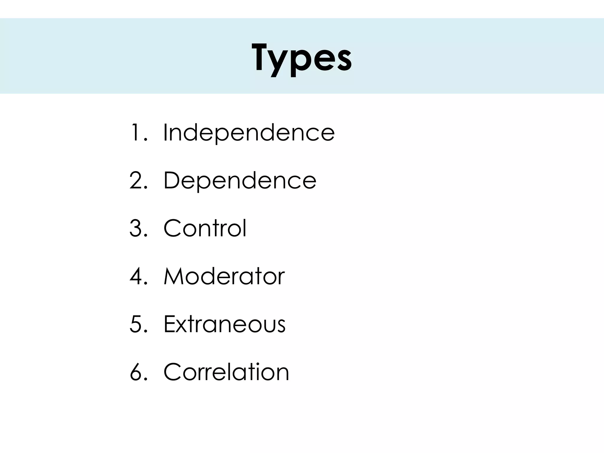 Types
1. Independence

2. Dependence

3. Control

4. Moderator

5. Extraneous

6. Correlation
 