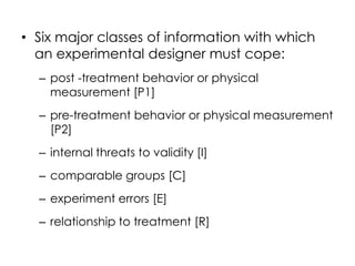 • Six major classes of information with which
  an experimental designer must cope:
  – post -treatment behavior or physical
    measurement [P1]
  – pre-treatment behavior or physical measurement
    [P2]
  – internal threats to validity [I]
  – comparable groups [C]
  – experiment errors [E]
  – relationship to treatment [R]
 