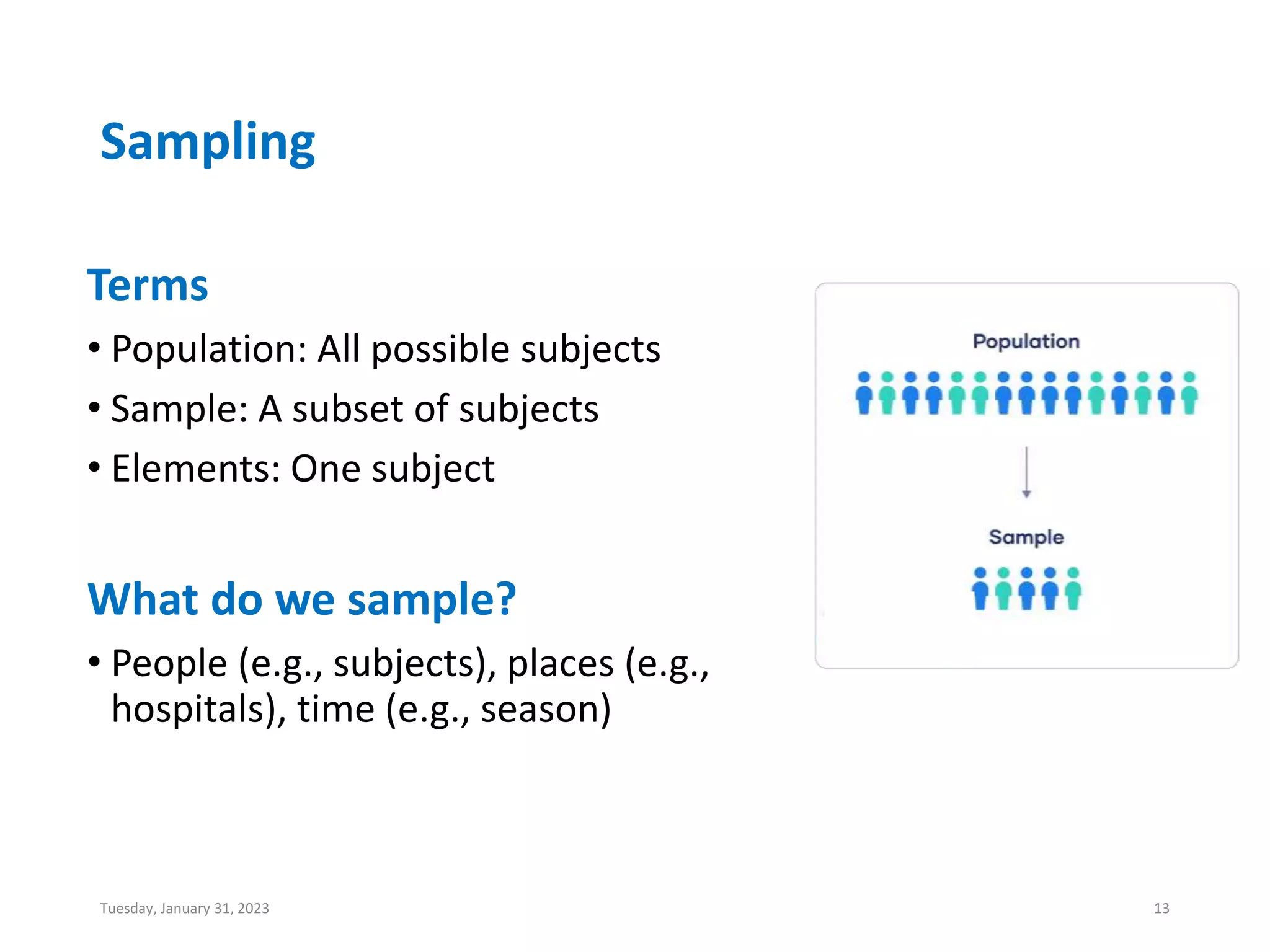 Sampling
Terms
• Population: All possible subjects
• Sample: A subset of subjects
• Elements: One subject
What do we sample?
• People (e.g., subjects), places (e.g.,
hospitals), time (e.g., season)
Tuesday, January 31, 2023 13
 