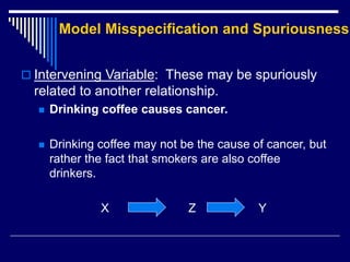 Model Misspecification and Spuriousness
 Intervening Variable: These may be spuriously
related to another relationship.
 Drinking coffee causes cancer.
 Drinking coffee may not be the cause of cancer, but
rather the fact that smokers are also coffee
drinkers.
X Z Y
 