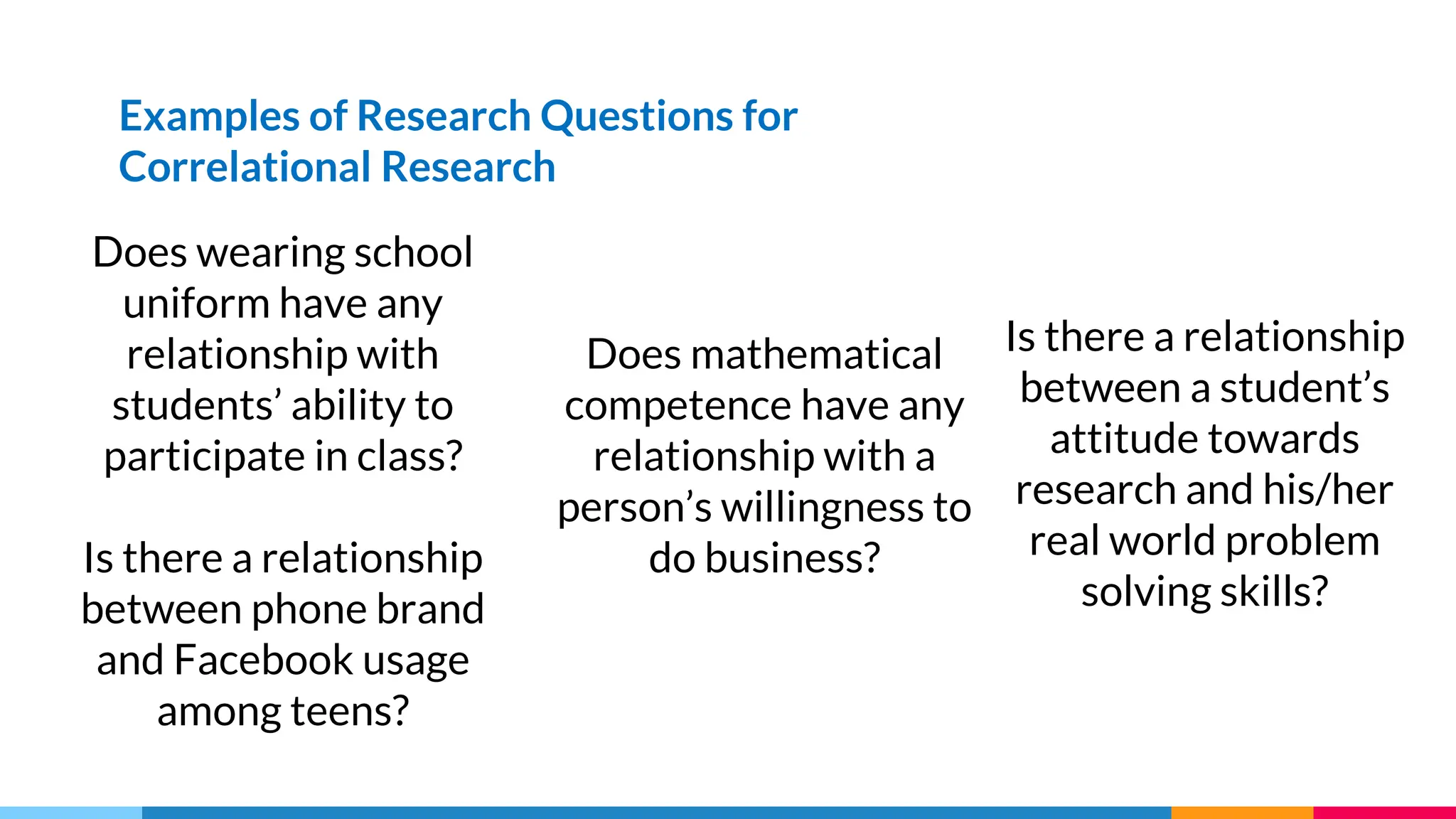 Does wearing school
uniform have any
relationship with
students’ ability to
participate in class?
Is there a relationship
between phone brand
and Facebook usage
among teens?
Examples of Research Questions for
Correlational Research
Does mathematical
competence have any
relationship with a
person’s willingness to
do business?
Is there a relationship
between a student’s
attitude towards
research and his/her
real world problem
solving skills?
 