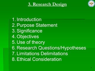 3. Research Design


1. Introduction
2. Purpose Statement
3. Significance
4. Objectives
5. Use of theory
6. Research Questions/Hypotheses
7. Limitations Delimitations
8. Ethical Consideration
 