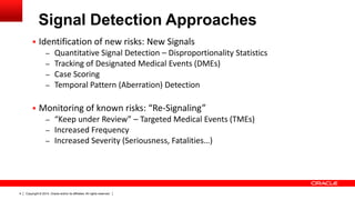 Copyright © 2014, Oracle and/or its affiliates. All rights reserved.4
Signal Detection Approaches
 Identification of new risks: New Signals
– Quantitative Signal Detection – Disproportionality Statistics
– Tracking of Designated Medical Events (DMEs)
– Case Scoring
– Temporal Pattern (Aberration) Detection
 Monitoring of known risks: “Re-Signaling”
– “Keep under Review” – Targeted Medical Events (TMEs)
– Increased Frequency
– Increased Severity (Seriousness, Fatalities…)
 