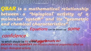 QSAR what actually do?
IDENTIFY AND QUANTIFY the Physico-chemical properties effect on
Drug’s Biological activity
Such relationships holds – Equations can be drawn up- some
confidence
to which should be Fit to the target
PHARMACOKIINETICS
4
 