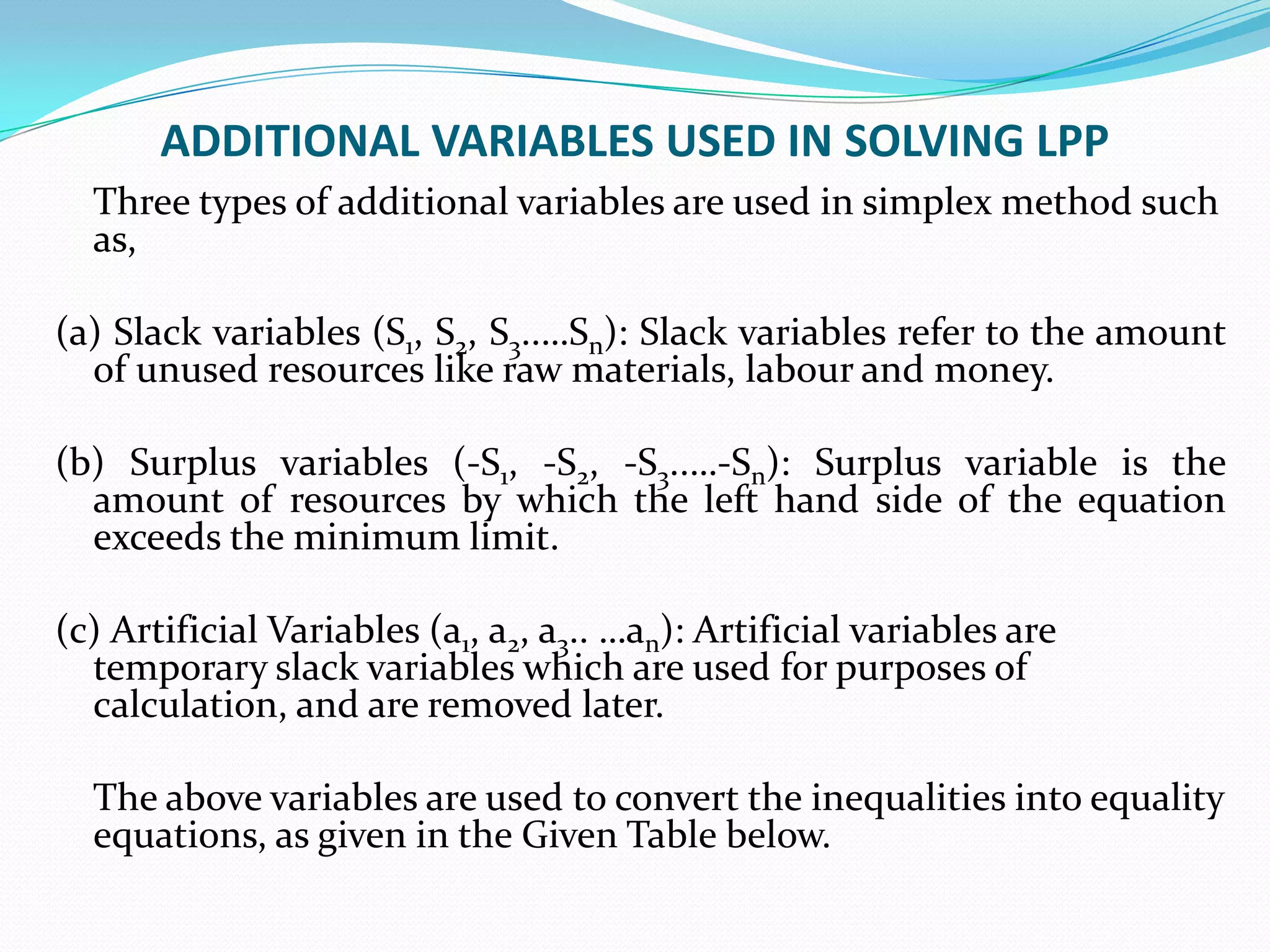 ADDITIONAL VARIABLES USED IN SOLVING LPP	Three types of additional variables are used in simplex method such as,(a) Slack variables (S1, S2, S3..…Sn): Slack variables refer to the amount of unused resources like raw materials, labour and money.(b) Surplus variables (-S1, -S2, -S3..…-Sn): Surplus variable is the amount of resources by which the left hand side of the equation exceeds the minimum limit.(c) Artificial Variables (a1, a2, a3.. …an): Artificial variables are temporary slack variables which are used for purposes of calculation, and are removed later.  	The above variables are used to convert the inequalities into equality equations, as given in the Given Table below.