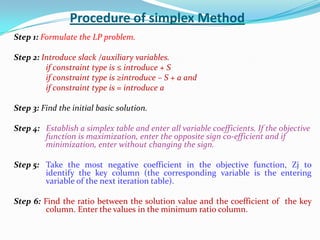 Procedure of simplex MethodStep 1: Formulate the LP problem.Step 2: Introduce slack /auxiliary variables.if constraint type is ≤ introduce + S		if constraint type is ≥introduce – S + a and		if constraint type is = introduce aStep 3: Find the initial basic solution.Step 4: 	Establish a simplex table and enter all variable coefficients. If the objective	function is maximization, enter the opposite sign co-efficient and if 	minimization, enter without changing the sign.Step 5: 	Take the most negative coefficient in the objective function, Zj to 	identify the key column (the corresponding variable is the entering 	variable of the next iteration table).Step 6: Find the ratio between the solution value and the coefficient of  the key 	column. Enter the values in the minimum ratio column.