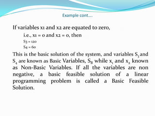 Example cont….	If variables x1 and x2 are equated to zero,		i.e., x1 = 0 and x2 = 0, then		S3 = 120		S4 = 60This is the basic solution of the system, and variables S3 and S4 are known as Basic Variables, SB while x1 and x2 known as Non-Basic Variables. If all the variables are non negative, a basic feasible solution of a linear programming problem is called a Basic Feasible Solution.