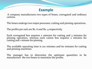 Example 	 A company manufactures two types of boxes, corrugated and ordinary cartons.	The boxes undergo two major processes: cutting and pinning operations. 	The profits per unit are Rs. 6 and Rs. 4 respectively. 	Each corrugated box requires 2 minutes for cutting and 3 minutes for pinning operation, whereas each carton box requires 2 minutes for cutting and 1 minute for pinning. 	The available operating time is 120 minutes and 60 minutes for cutting and pinning machines. 	The manager has to determine the optimum quantities to be manufacture  the two boxes to maximize the profits.
