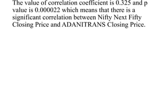 The value of correlation coefficient is 0.325 and p
value is 0.000022 which means that there is a
significant correlation between Nifty Next Fifty
Closing Price and ADANITRANS Closing Price.
 
