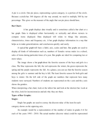 A pie is a circle. Our pie piece, representing a given category, is a portion of the circle.
Because a circle has 360 degrees all the way around, we need to multiply 360 by our
percentage. This gives us the measure of the angle that our pie piece should have.
Bar Chart:
A bar graph displays data visually and is sometimes called a bar chart or a
bar graph. Data is displayed either horizontally or vertically and allows viewers to
compare items displayed. Data displayed will relate to things like amounts,
characteristics, times and frequency etc. A bar graph displays information in a way that
helps us to make generalizations and conclusions quickly and easily.
A typical bar graph will have a label, axis, scales and bars. Bar graphs are used to
display all kinds of information such as, numbers of females versus males in a school,
sales of items during particular times of a year. Bar graphs are ideal for comparing two or
more values.
The image shows a bar graph about the favorite seasons of the boys and girls in a
class. The blue represents the fall, the red represents the winter, the green represents the
spring and the purple represents the fall. At a glance, you can see that the favorite season
among the girls is summer and the boy is fall. The least favorite season for both girls and
boys is winter. On the left side of the graph are numbers that represent how many
students were surveyed. Numbers of students are represented on the x axis and the y axis
shows the genders.
When interpreting a bar chart, look at the tallest bar and look at the shortest bar. Look at
the titles, look for inconsistencies and ask why they are there.
Types of Bar Graphs:
Single:
Single bar graphs are used to convey the discrete value of the item for each
category shown on the opposing axis.
An example would be a representation of the number of males in grades 4-6 for
each of the years 1995 - 2010. The actual number (discrete value) could be represented
 