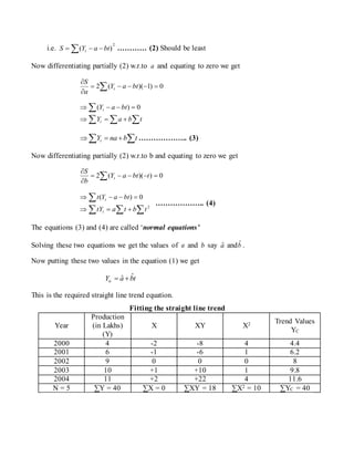 i.e.
2
)(  btaYS t ………… (2) Should be least
Now differentiating partially (2) w.r.to a and equating to zero we get
0)1()(2 


 btaY
a
S
t
  



tbaY
btaY
t
t 0)(
  tbnaYt ……………….. (3)
Now differentiating partially (2) w.r.to b and equating to zero we get
0)()(2 


 tbtaY
b
S
t
  



2
0)(
tbtatY
btaYt
t
t
……………….. (4)
The equations (3) and (4) are called ‘normal equations’
Solving these two equations we get the values of a and b say aˆ andbˆ .
Now putting these two values in the equation (1) we get
tbaYtc
ˆˆ 
This is the required straight line trend equation.
Fitting the straight line trend
Year
Production
(in Lakhs)
(Y)
X XY X2 Trend Values
YC
2000 4 -2 -8 4 4.4
2001 6 -1 -6 1 6.2
2002 9 0 0 0 8
2003 10 +1 +10 1 9.8
2004 11 +2 +22 4 11.6
N = 5 ∑Y = 40 ∑X = 0 ∑XY = 18 ∑X2 = 10 ∑YC = 40
 