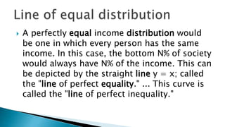  A perfectly equal income distribution would
be one in which every person has the same
income. In this case, the bottom N% of society
would always have N% of the income. This can
be depicted by the straight line y = x; called
the "line of perfect equality." ... This curve is
called the "line of perfect inequality."
 