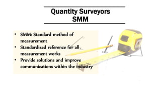 Quantity Surveyors
SMM
• SMM: Standard method of
measurement
• Standardized reference for all
measurement works
• Provide solutions and improve
communications within the industry
 