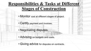 Responsibilities & Tasks at Different
Stages of Construction
• Monitor cost at different stages of project.
• Certify payment and invoices.
• Negotiating disputes.
• Advising on budgets and costs.
• Giving advice for disputes on contracts.
 