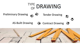 TYPE
OF
Preliminary Drawing
DRAWING
Tender Drawing
Contract DrawingAS-Built Drawing
 