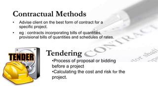 Contractual Methods
• Advise client on the best form of contract for a
specific project.
• eg : contracts incorporating bills of quantities,
provisional bills of quantities and schedules of rates.
Tendering
•Process of proposal or bidding
before a project
•Calculating the cost and risk for the
project.
 