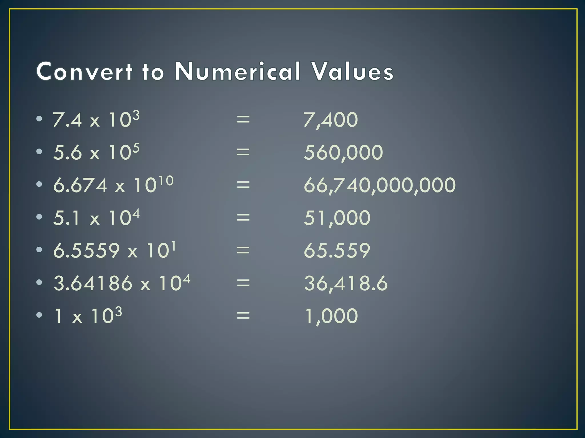 • 7.4 x 103 =
• 5.6 x 105 =
• 6.674 x 1010 =
• 5.1 x 104 =
• 6.5559 x 101 =
• 3.64186 x 104 =
• 1 x 103 =
7,400
560,000
66,740,000,000
51,000
65.559
36,418.6
1,000
 