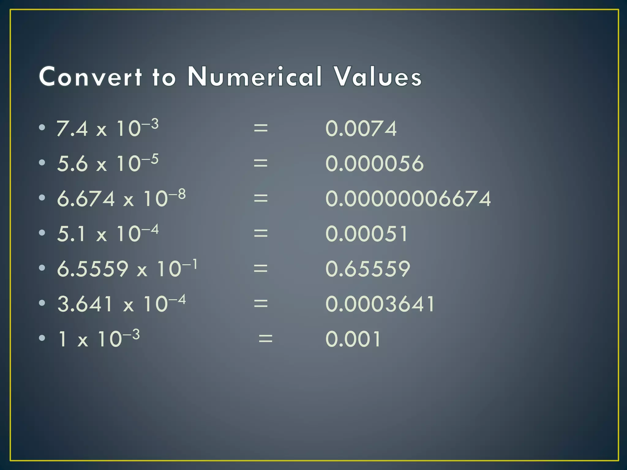 • 7.4 x 103 =
• 5.6 x 105 =
• 6.674 x 108 =
• 5.1 x 104 =
• 6.5559 x 101 =
• 3.641 x 104 =
• 1 x 103 =
0.0074
0.000056
0.00000006674
0.00051
0.65559
0.0003641
0.001
 