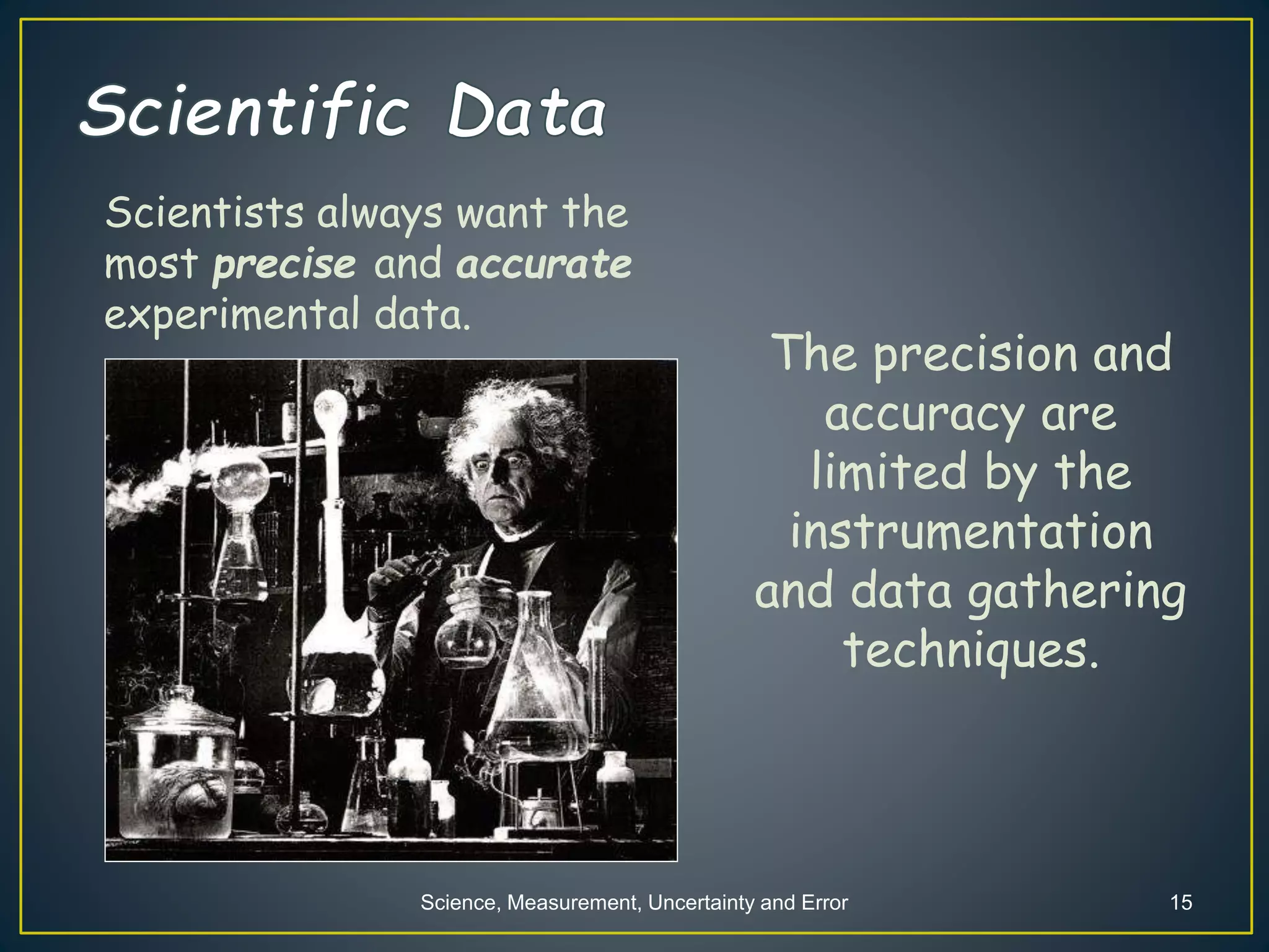 Science, Measurement, Uncertainty and Error 15
The precision and
accuracy are
limited by the
instrumentation
and data gathering
techniques.
Scientists always want the
most precise and accurate
experimental data.
 