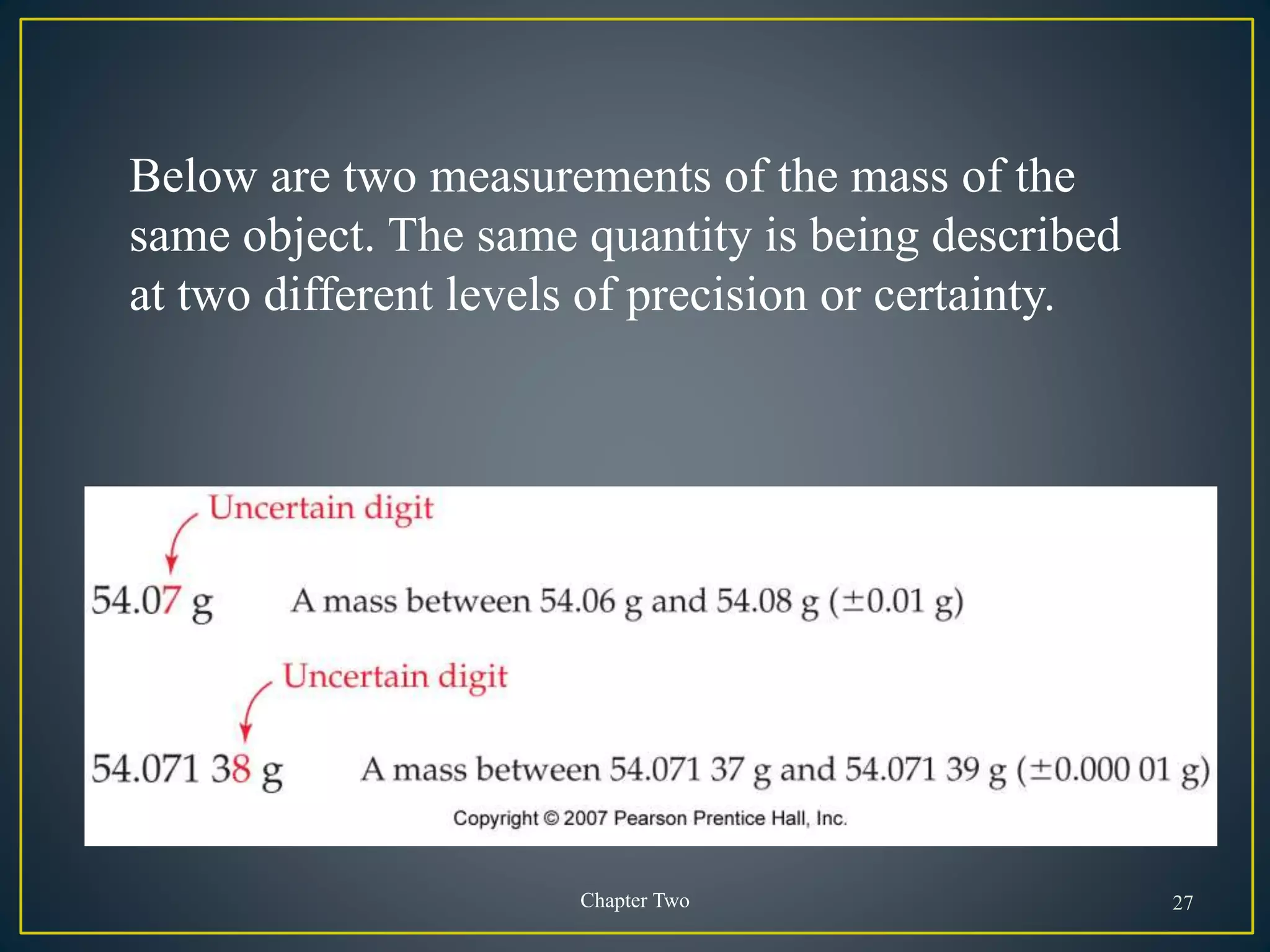 Chapter Two 27
Below are two measurements of the mass of the
same object. The same quantity is being described
at two different levels of precision or certainty.
 