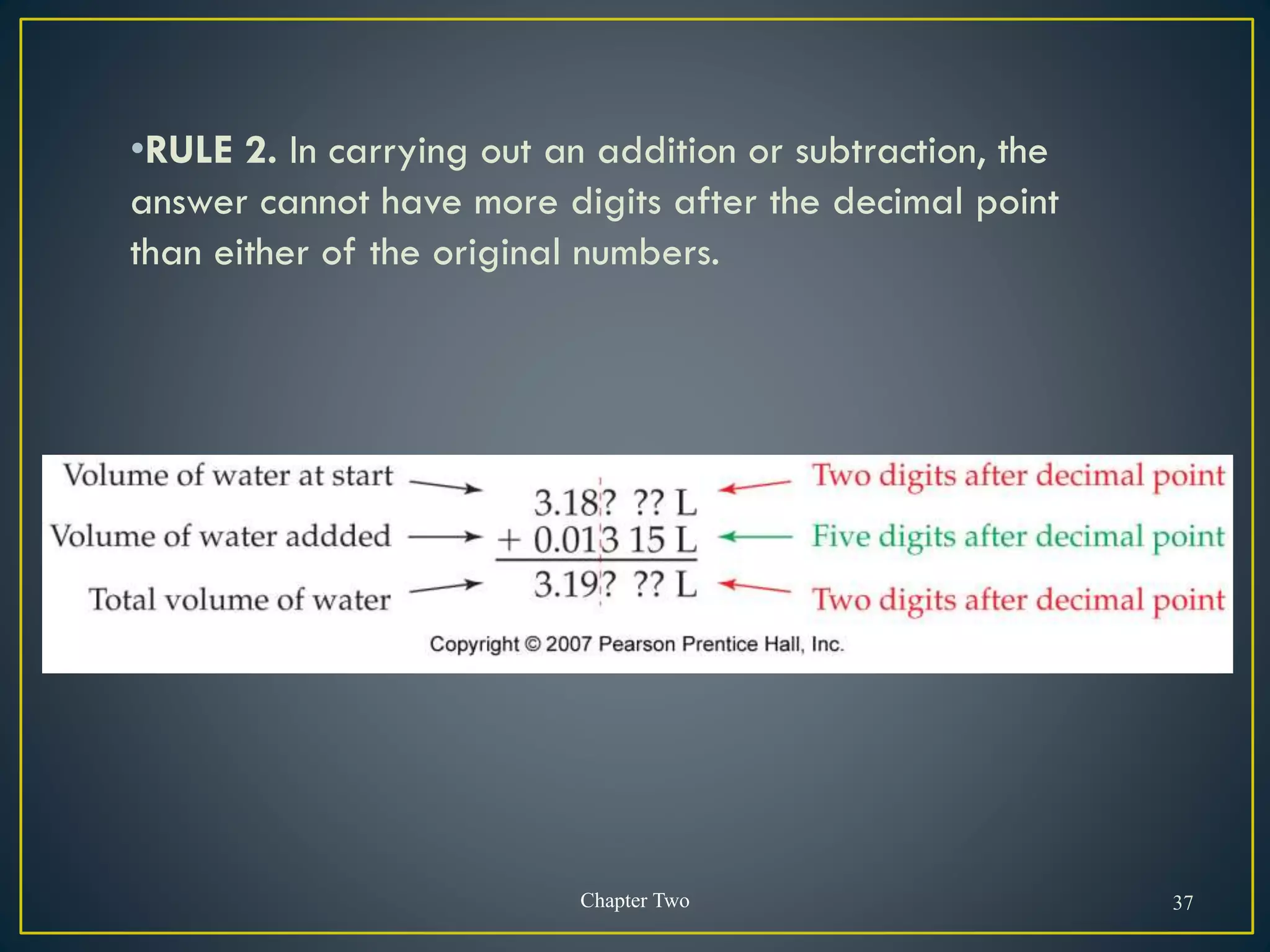 •RULE 2. In carrying out an addition or subtraction, the
answer cannot have more digits after the decimal point
than either of the original numbers.
Chapter Two 37
 