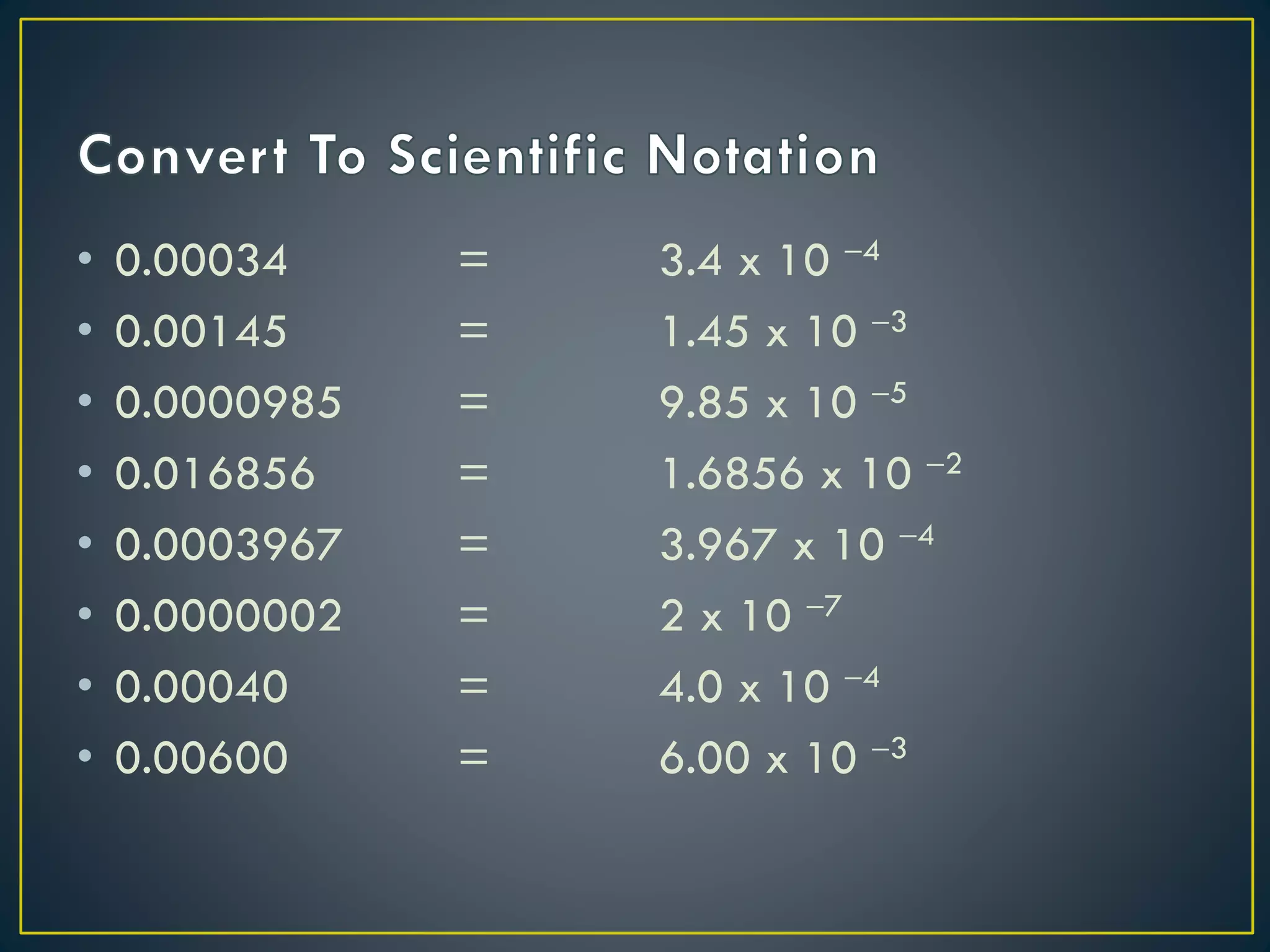 • 0.00034 =
• 0.00145 =
• 0.0000985 =
• 0.016856 =
• 0.0003967 =
• 0.0000002 =
• 0.00040 =
• 0.00600 =
3.4 x 10 4
1.45 x 10 3
9.85 x 10 5
1.6856 x 10 2
3.967 x 10 4
2 x 10 7
4.0 x 10 4
6.00 x 10 3
 