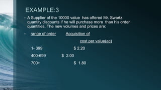 EXAMPLE:3
• A Supplier of the 10000 value has offered Mr. Swartz
quantity discounts if he will purchase more than his order
quantities. The new volumes and prices are:
• range of order Acquisition of
cost per value(ac)
1- 399 $ 2.20
400-699 $ 2.00
700+ $ 1.80
 