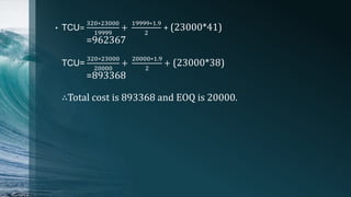 • TCU=
320∗23000
19999
+
19999∗1.9
2
+ (23000*41)
=962367
TCU=
320∗23000
20000
+
20000∗1.9
2
+ (23000*38)
=893368
∴Total cost is 893368 and EOQ is 20000.
 