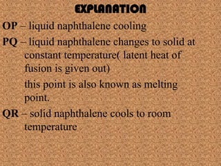 EXPLANATION
OP – liquid naphthalene cooling
PQ – liquid naphthalene changes to solid at
    constant temperature( latent heat of
    fusion is given out)
    this point is also known as melting
    point.
QR – solid naphthalene cools to room
    temperature
 