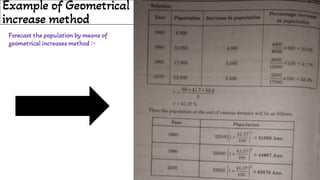 Example of Geometrical
increase method
Forecast the population by means of
geometrical increases method :-
 