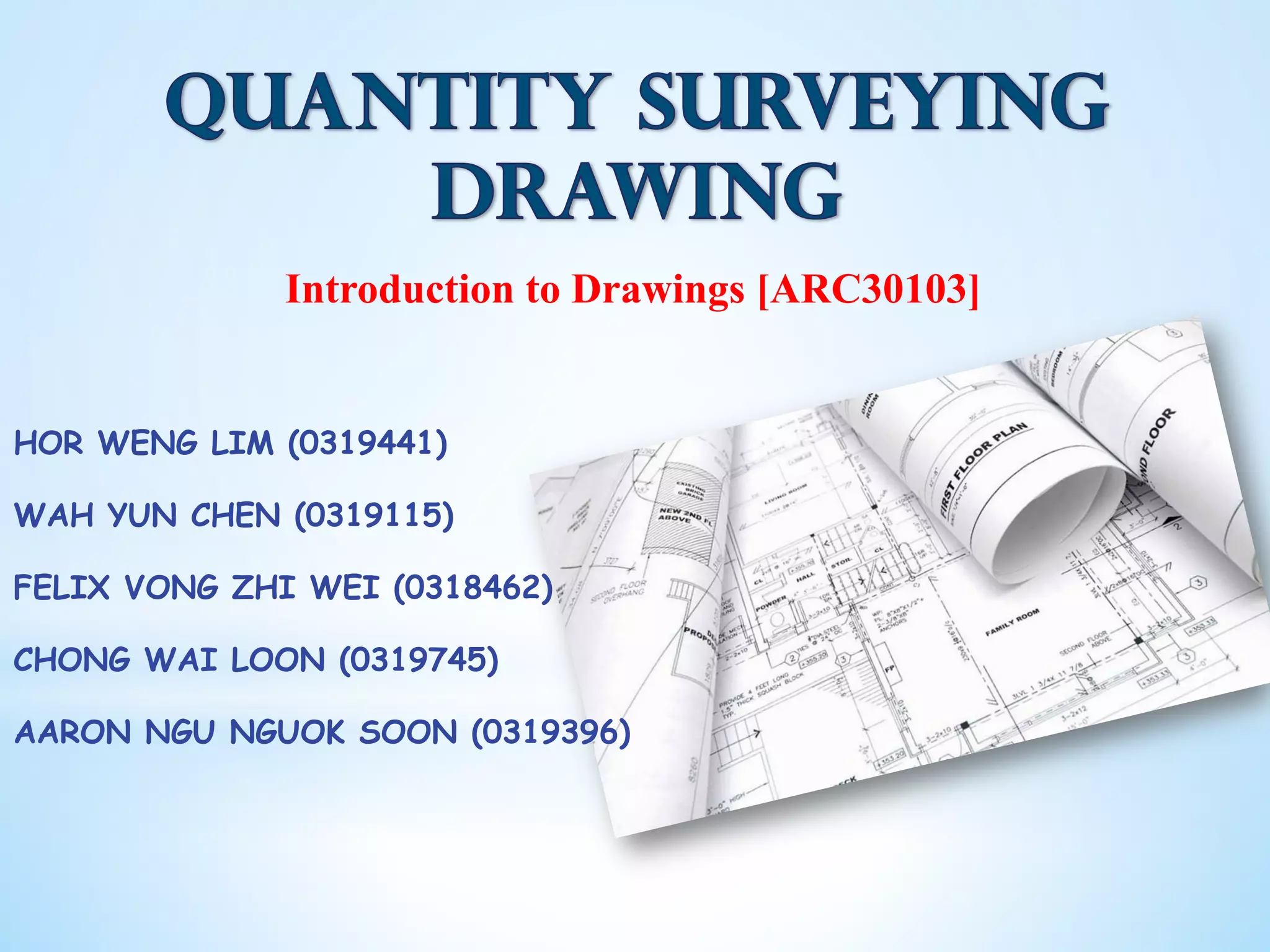 Introduction to Drawings [ARC30103]
HOR WENG LIM (0319441)
WAH YUN CHEN (0319115)
FELIX VONG ZHI WEI (0318462)
CHONG WAI LOON (0319745)
AARON NGU NGUOK SOON (0319396)
 