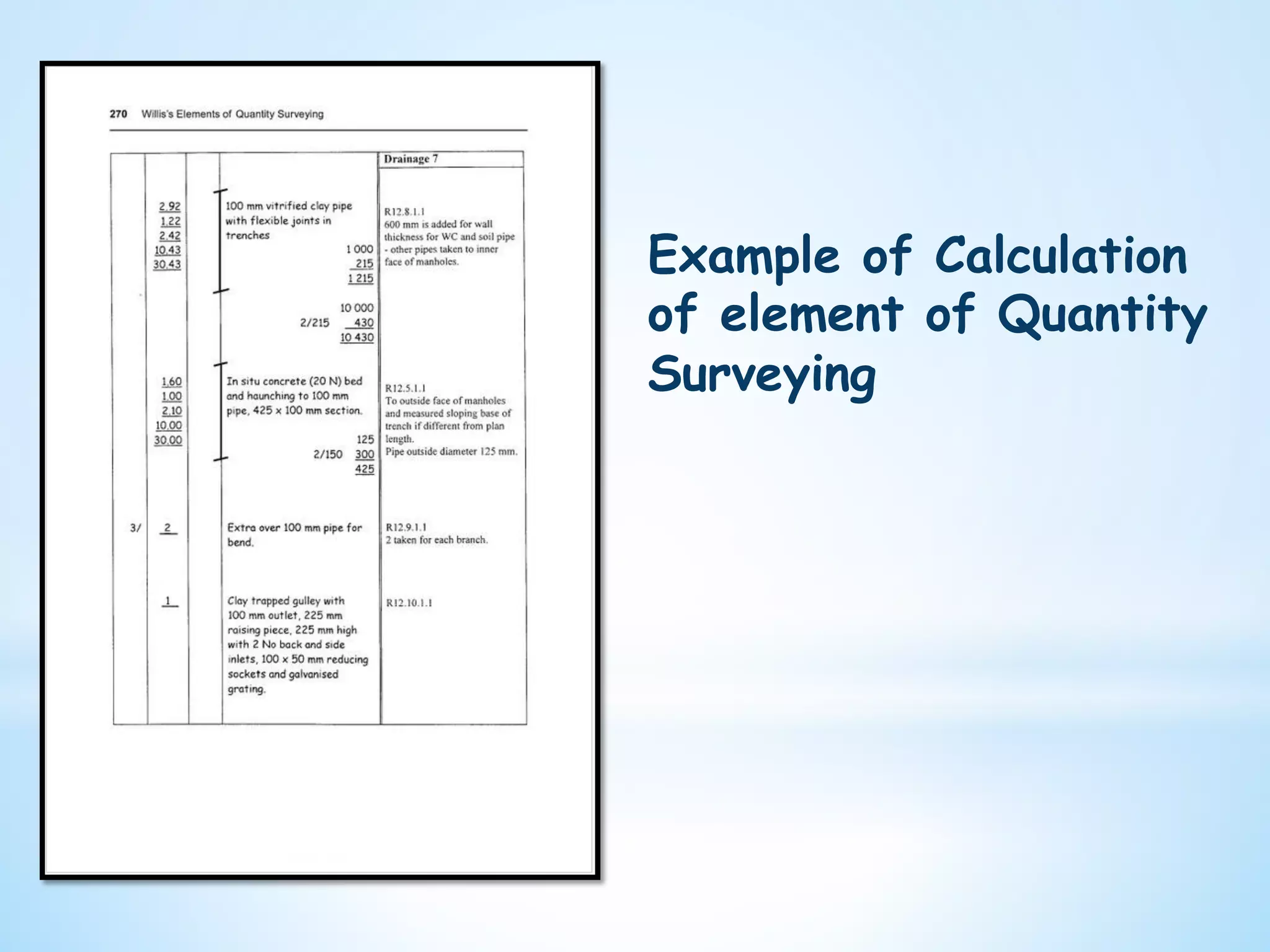 Example of Calculation
of element of Quantity
Surveying
 