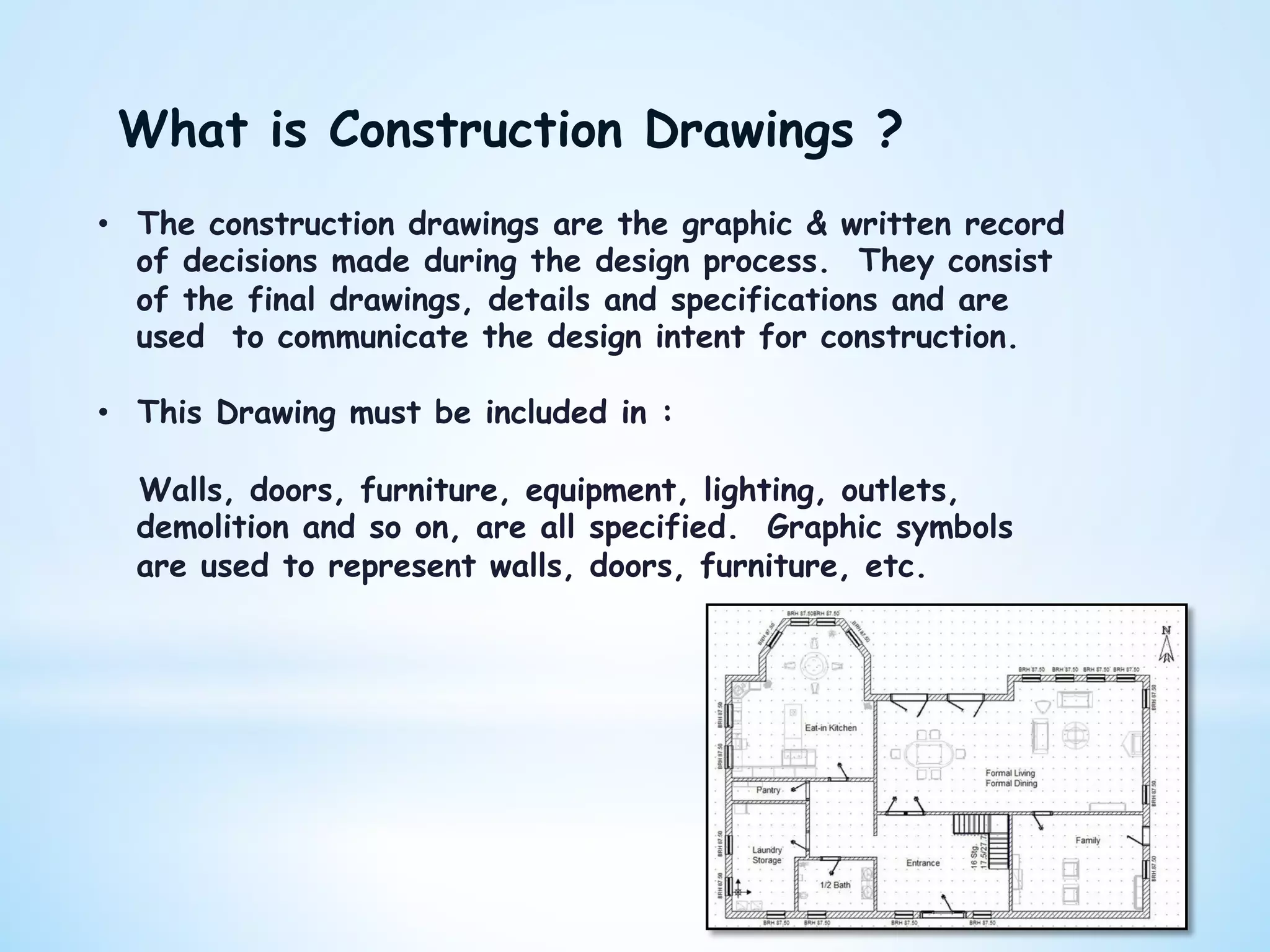 What is Construction Drawings ?
•  The construction drawings are the graphic & written record
of decisions made during the design process. They consist
of the final drawings, details and specifications and are
used to communicate the design intent for construction.
•  This Drawing must be included in :
Walls, doors, furniture, equipment, lighting, outlets,
demolition and so on, are all specified. Graphic symbols
are used to represent walls, doors, furniture, etc.
 