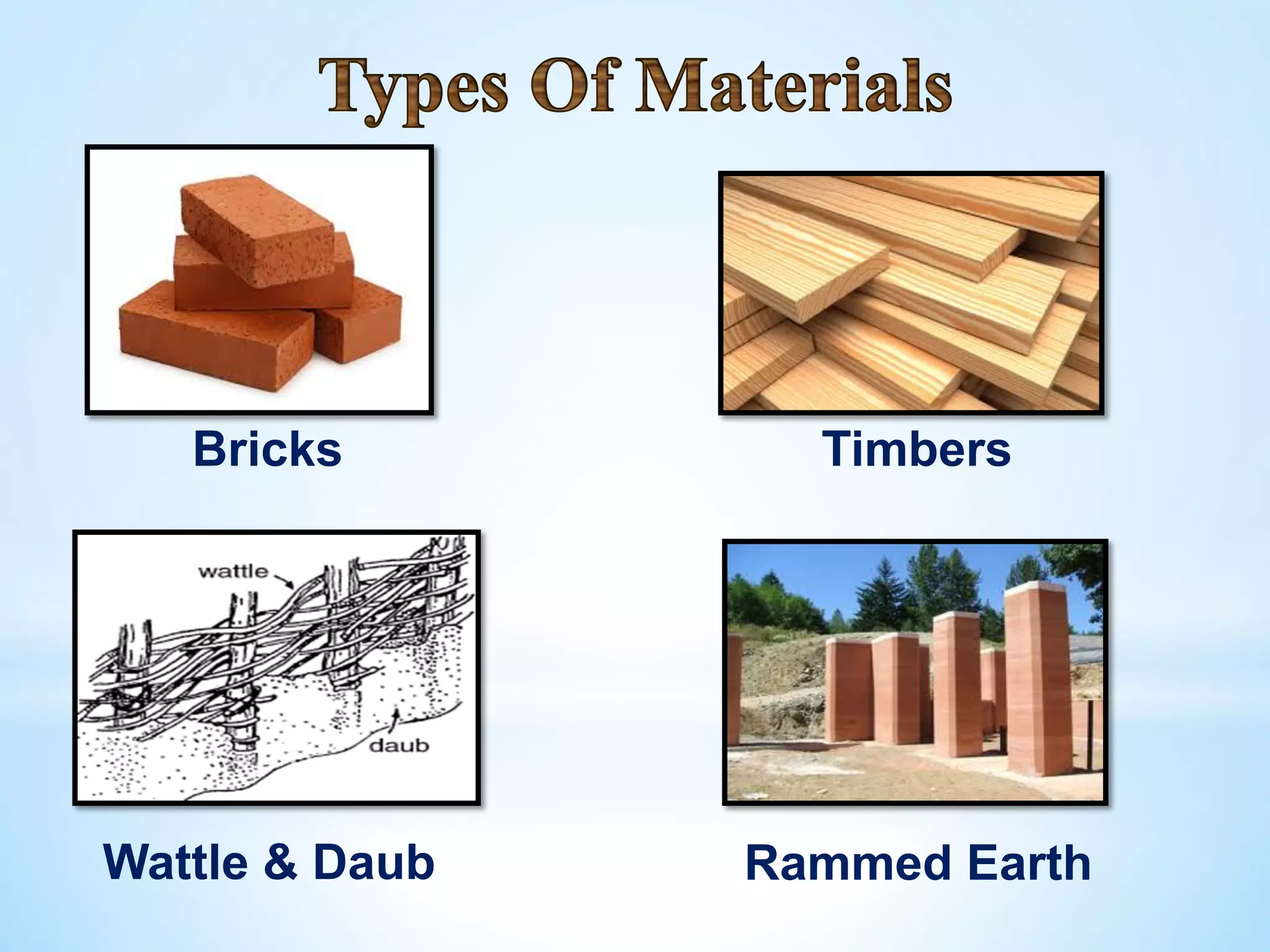 Bricks Timbers
Rammed EarthWattle & Daub
 