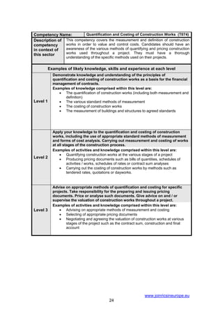 Competency Name:          Quantification and Costing of Construction Works (T074)
Description of This competency covers the measurement and definition of construction
competency     works in order to value and control costs. Candidates should have an
in context of  awareness of the various methods of quantifying and pricing construction
this sector    works used throughout a project. They must have a thorough
                   understanding of the specific methods used on their projects.


          Examples of likely knowledge, skills and experience at each level
            Demonstrate knowledge and understanding of the principles of
            quantification and costing of construction works as a basis for the financial
            management of contracts.
            Examples of knowledge comprised within this level are:
               • The quantification of construction works (including both measurement and
                    definition)
Level 1        • The various standard methods of measurement
               • The costing of construction works
               • The measurement of buildings and structures to agreed standards




            Apply your knowledge to the quantification and costing of construction
            works, including the use of appropriate standard methods of measurement
            and forms of cost analysis. Carrying out measurement and costing of works
            at all stages of the construction process.
            Examples of activities and knowledge comprised within this level are:
                • Quantifying construction works at the various stages of a project
Level 2         • Producing pricing documents such as bills of quantities, schedules of
                     activities / works, schedules of rates or contract sum analyses
                • Carrying out the costing of construction works by methods such as
                     tendered rates, quotations or dayworks.


            Advise on appropriate methods of quantification and costing for specific
            projects. Take responsibility for the preparing and issuing pricing
            documents. Price or analyse such documents. Give advice on and / or
            supervise the valuation of construction works throughout a project.
            Examples of activities and knowledge comprised within this level are:
Level 3         • Advising on appropriate methods of measurement and costing
                • Selecting of appropriate pricing documents
                • Negotiating and agreeing the valuation of construction works at various
                   stages of the project such as the contract sum, construction and final
                   account




                                                                  www.joinricsineurope.eu
                                             24
 
