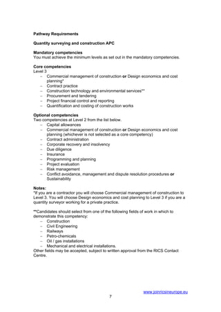 Pathway Requirements

Quantity surveying and construction APC

Mandatory competencies
You must achieve the minimum levels as set out in the mandatory competencies.

Core competencies
Level 3
   − Commercial management of construction or Design economics and cost
        planning*
   − Contract practice
   − Construction technology and environmental services**
   − Procurement and tendering
   − Project financial control and reporting
   − Quantification and costing of construction works

Optional competencies
Two competencies at Level 2 from the list below.
   − Capital allowances
   − Commercial management of construction or Design economics and cost
      planning (whichever is not selected as a core competency)
   − Contract administration
   − Corporate recovery and insolvency
   − Due diligence
   − Insurance
   − Programming and planning
   − Project evaluation
   − Risk management
   − Conflict avoidance, management and dispute resolution procedures or
      Sustainability

Notes:
*If you are a contractor you will choose Commercial management of construction to
Level 3. You will choose Design economics and cost planning to Level 3 if you are a
quantity surveyor working for a private practice.

**Candidates should select from one of the following fields of work in which to
demonstrate this competency:
   − Construction
   − Civil Engineering
   − Railways
   − Petro-chemicals
   − Oil / gas installations
   − Mechanical and electrical installations.
Other fields may be accepted, subject to written approval from the RICS Contact
Centre.




                                                            www.joinricsineurope.eu
                                         7
 
